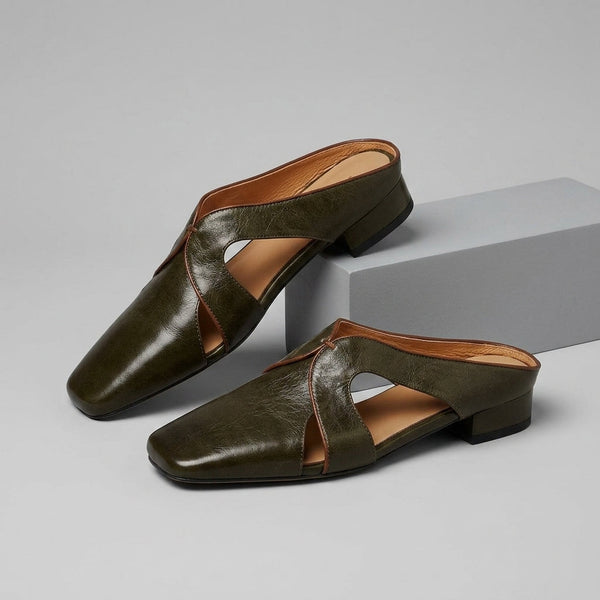 Crossover Cutout Square-Toe Block Heel Mules
