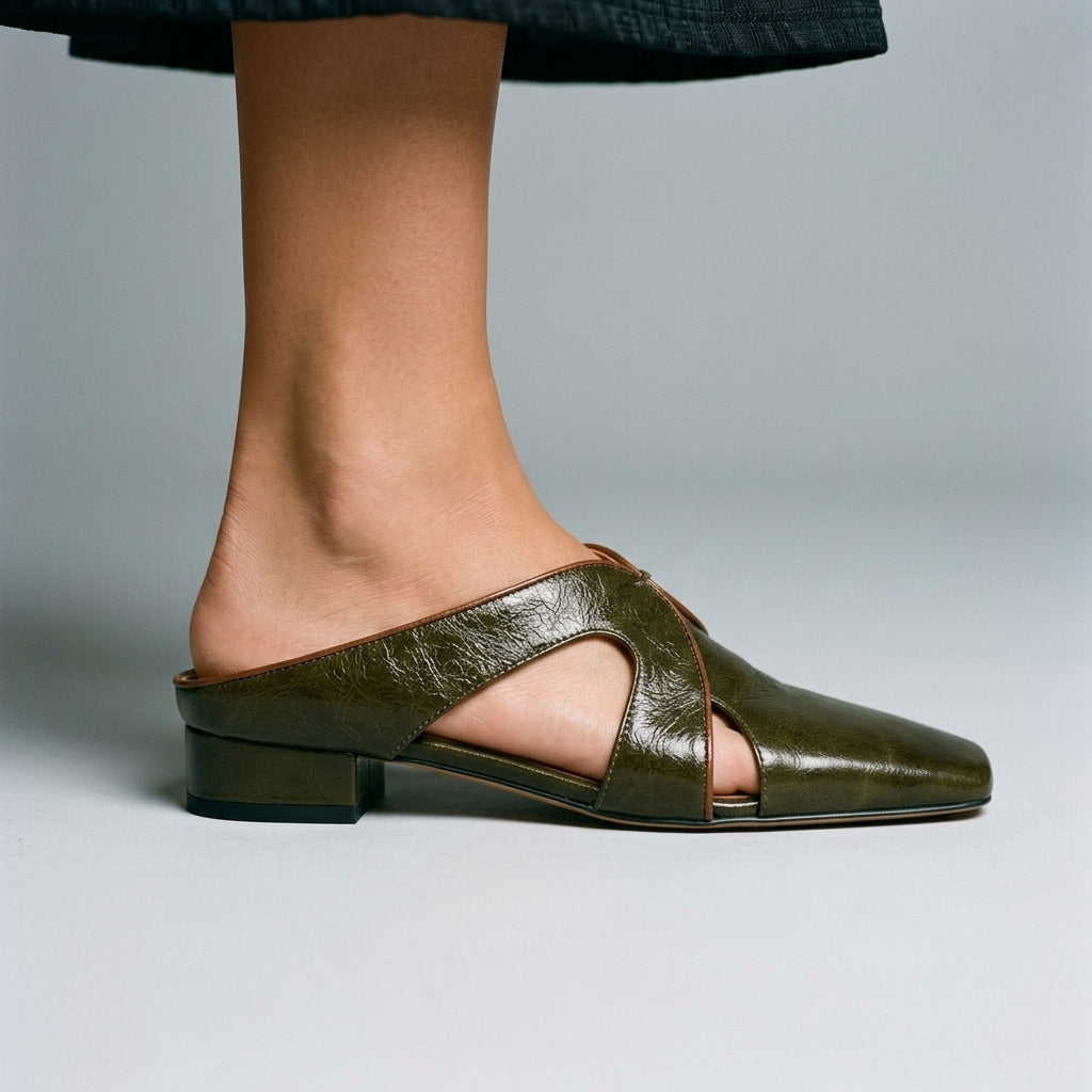 Crossover Cutout Square-Toe Block Heel Mules