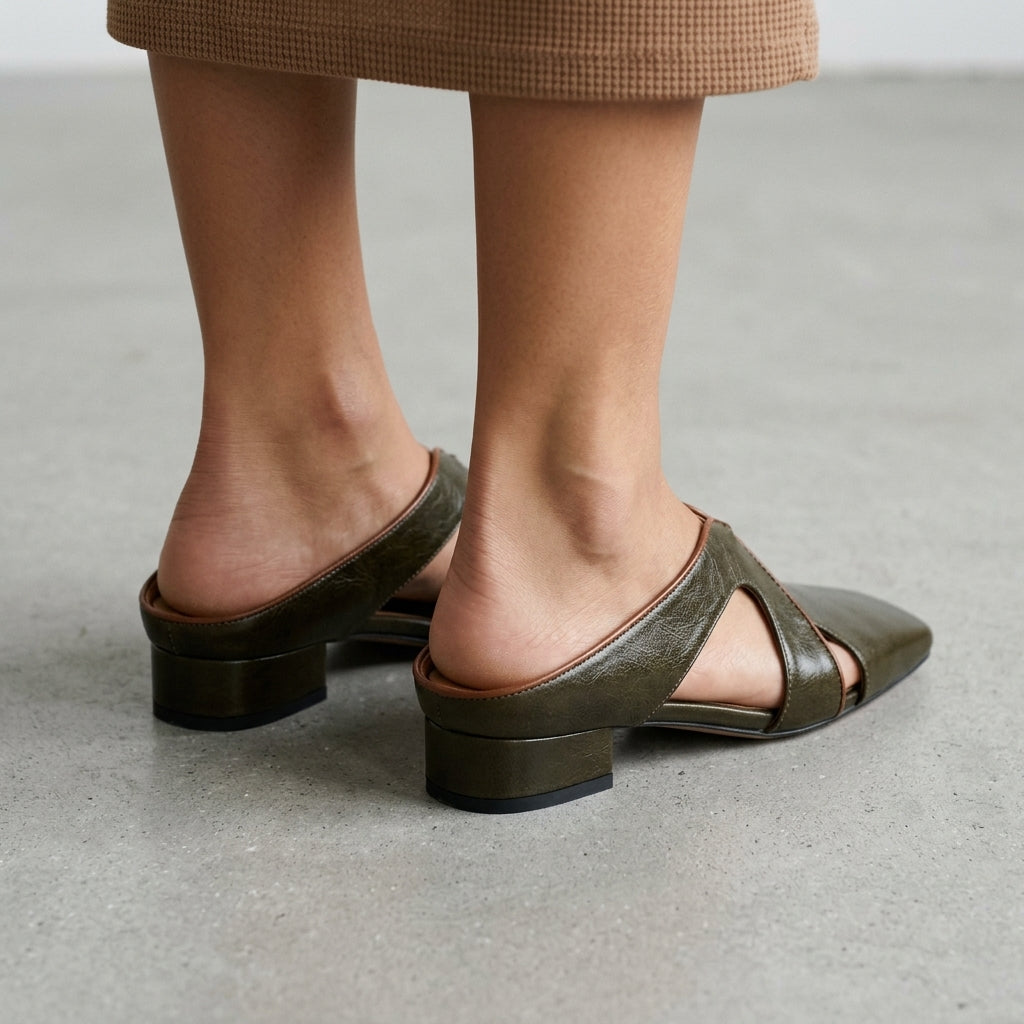 Crossover Cutout Square-Toe Block Heel Mules