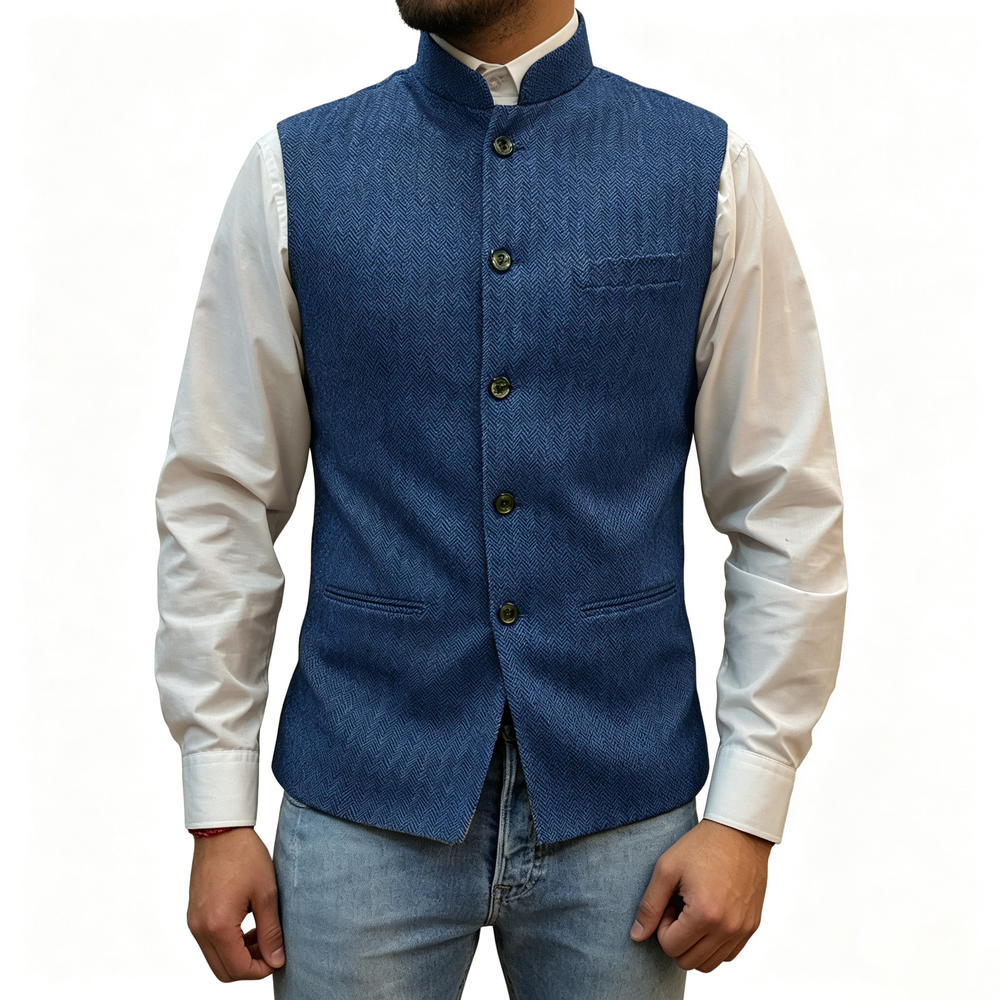 Men's Mandarin Collar Tweed-Style Vest