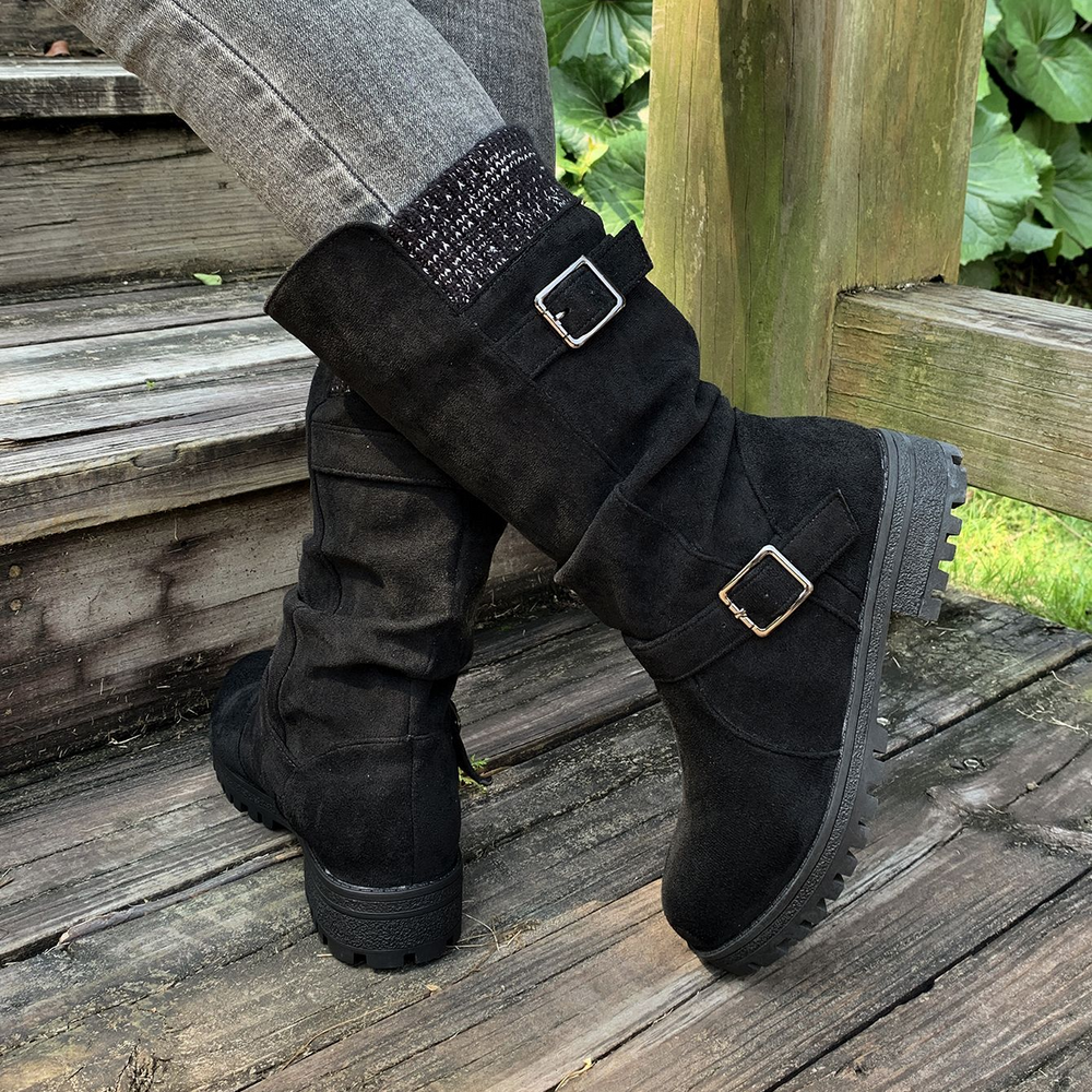 Slouchy Buckle Mid-Calf Boots with Knit Cuff