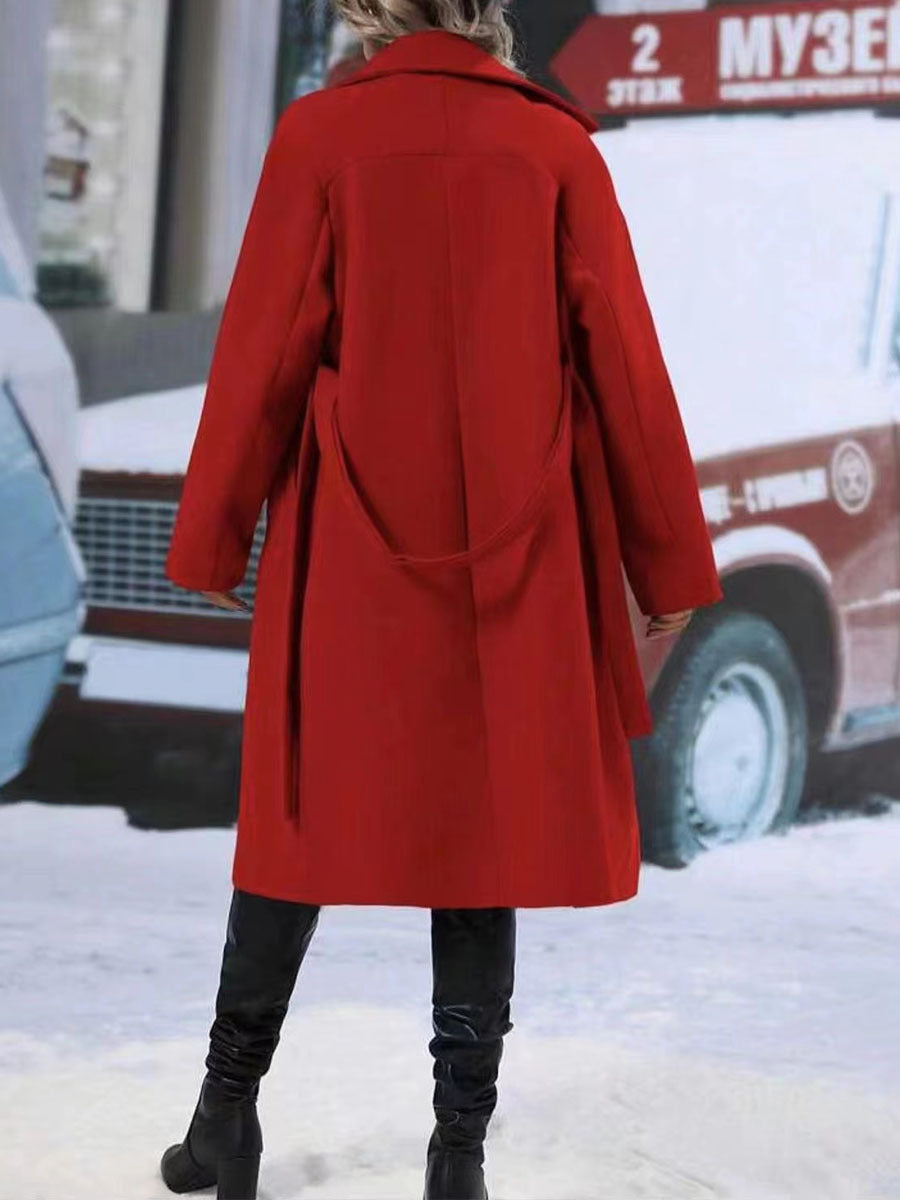 Belted Double-Breasted Wool-Look Long Coat