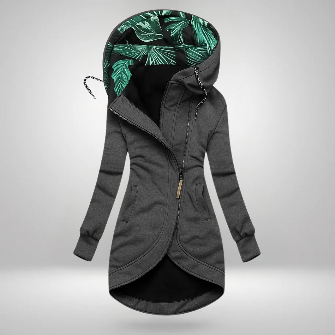 Longline Hooded Zip Jacket with Print-Lined Hood