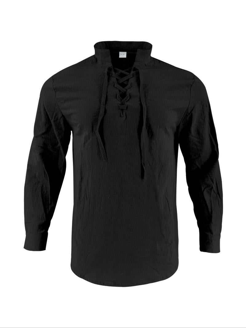 Men's Lace-Up Textured Long Sleeve Shirt