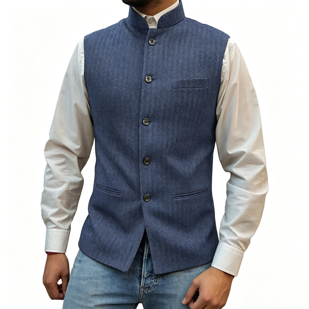 Men's Mandarin Collar Tweed-Style Vest
