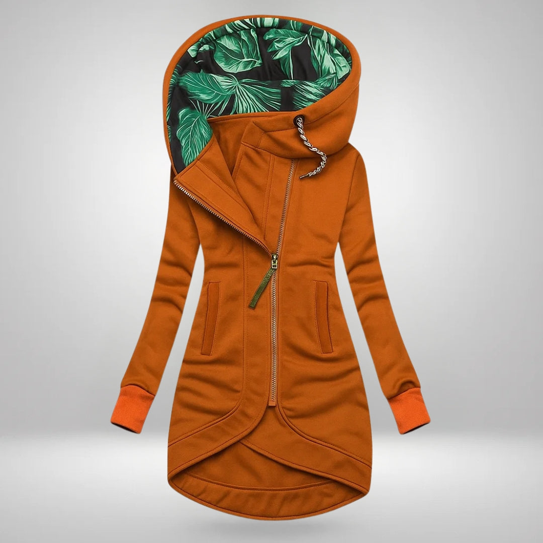 Longline Hooded Zip Jacket with Print-Lined Hood