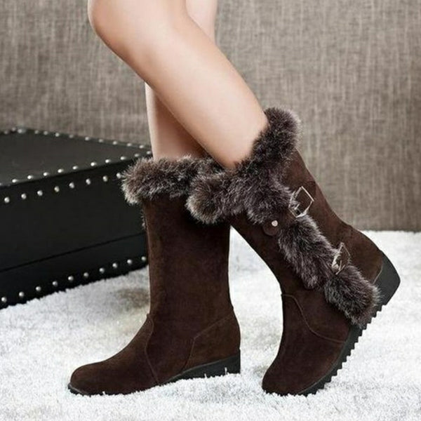 Faux Fur Trim Buckle Mid-Calf Wedge Snow Boots