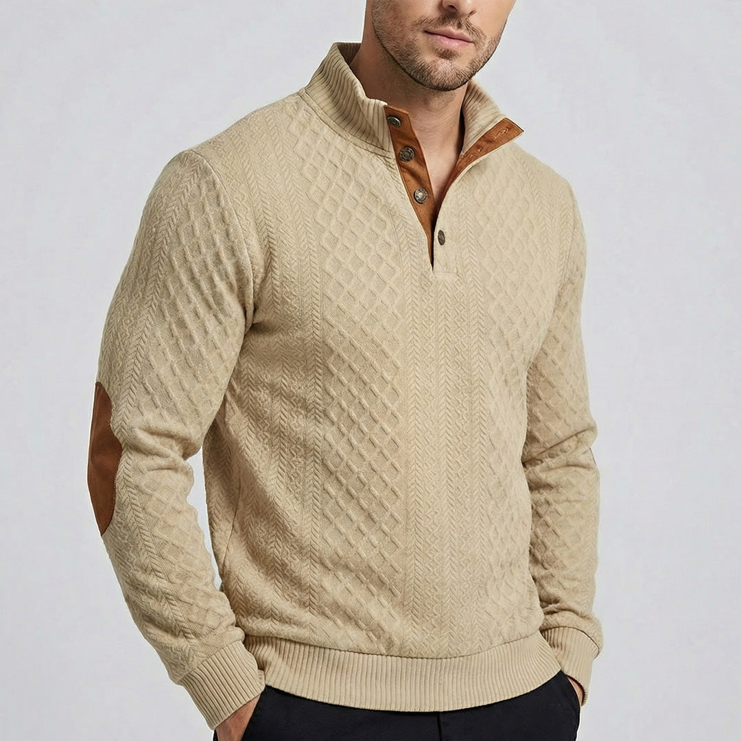 Men's Elbow-Patch Button Mock Neck Sweater