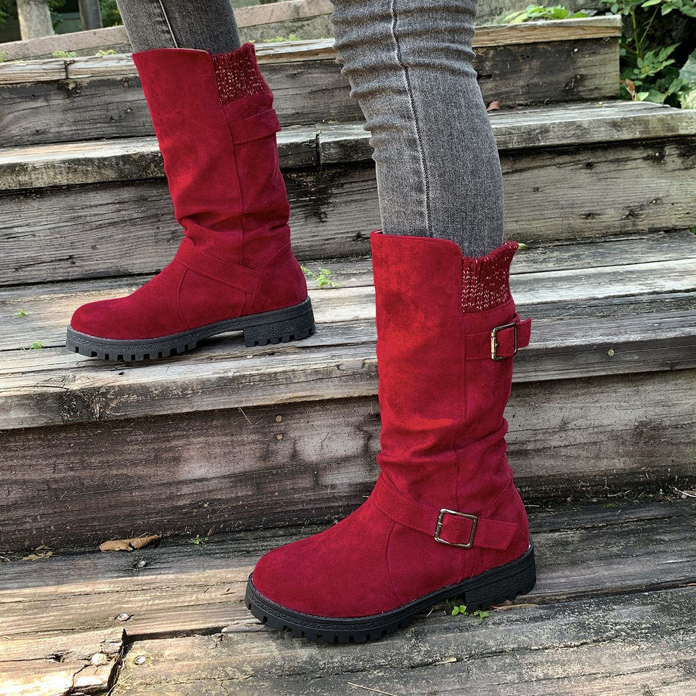 Slouchy Buckle Mid-Calf Boots with Knit Cuff
