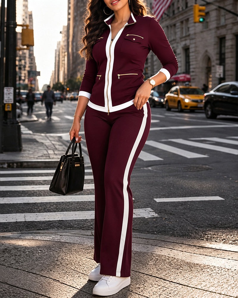 Contrast-Trim Zip Jacket & Flare Pant Set