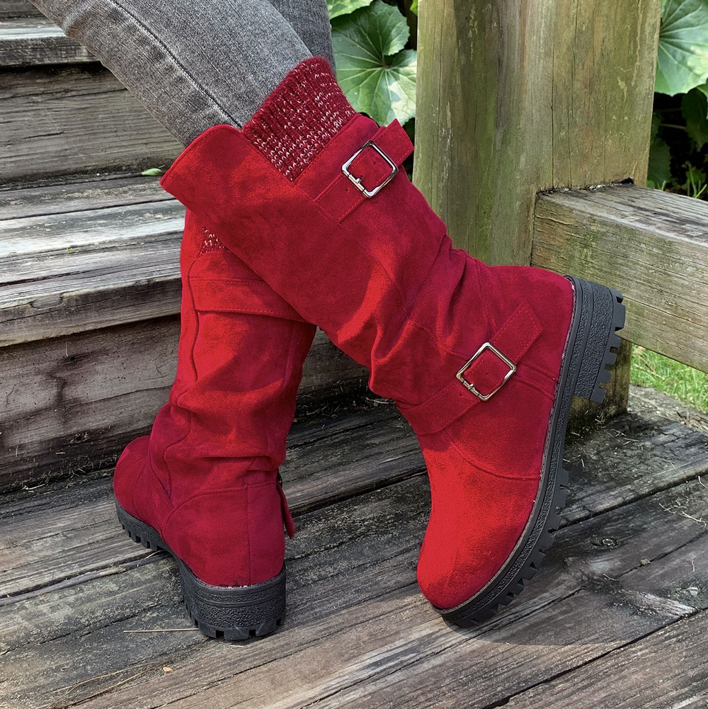 Slouchy Buckle Mid-Calf Boots with Knit Cuff