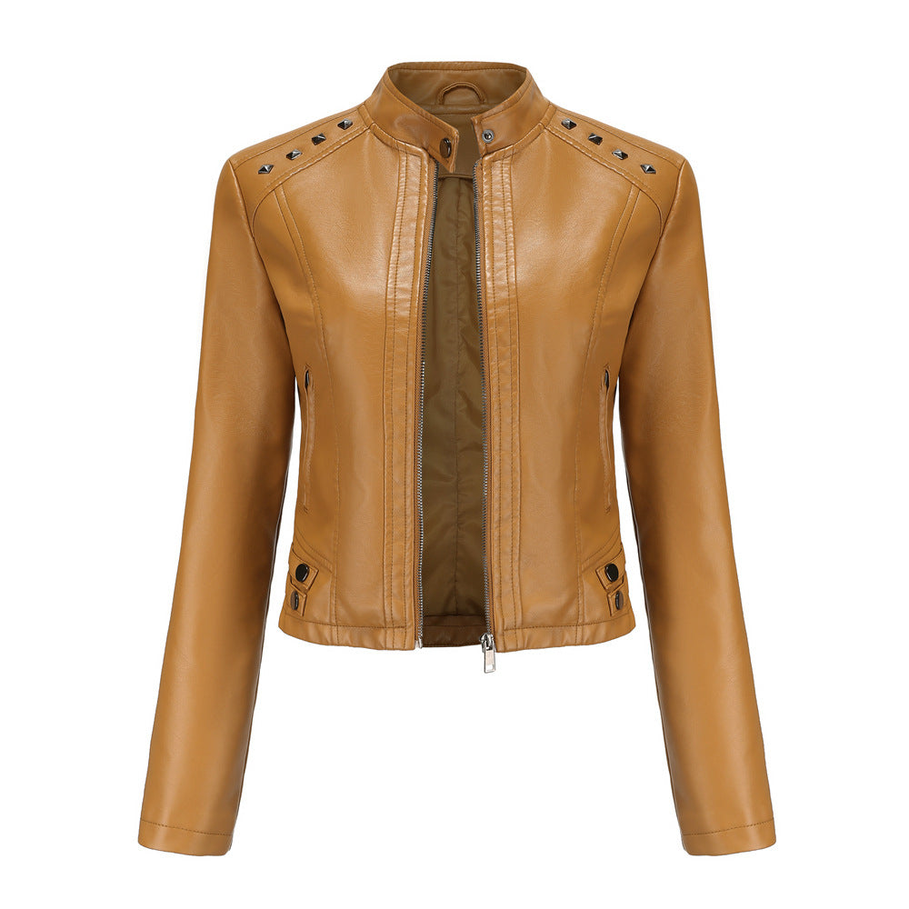 Stand-Collar Studded Faux Leather Moto Jacket