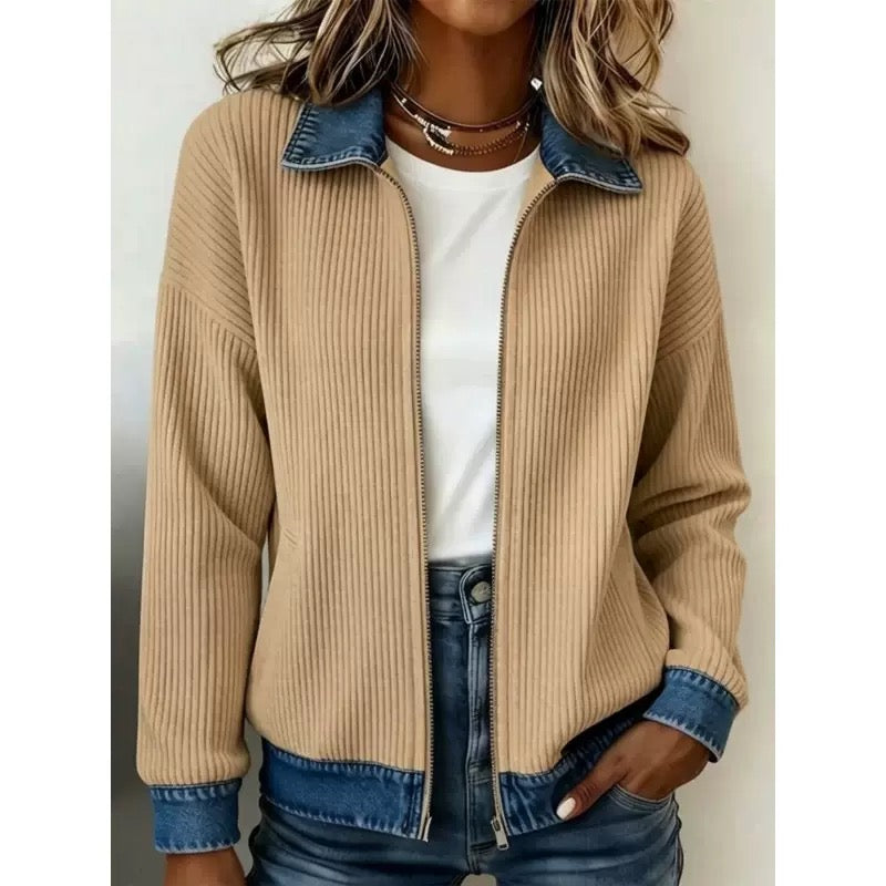Ribbed Knit Zip Jacket with Denim Trim