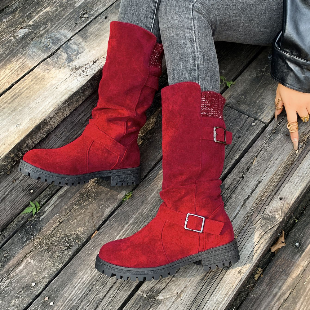 Slouchy Buckle Mid-Calf Boots with Knit Cuff