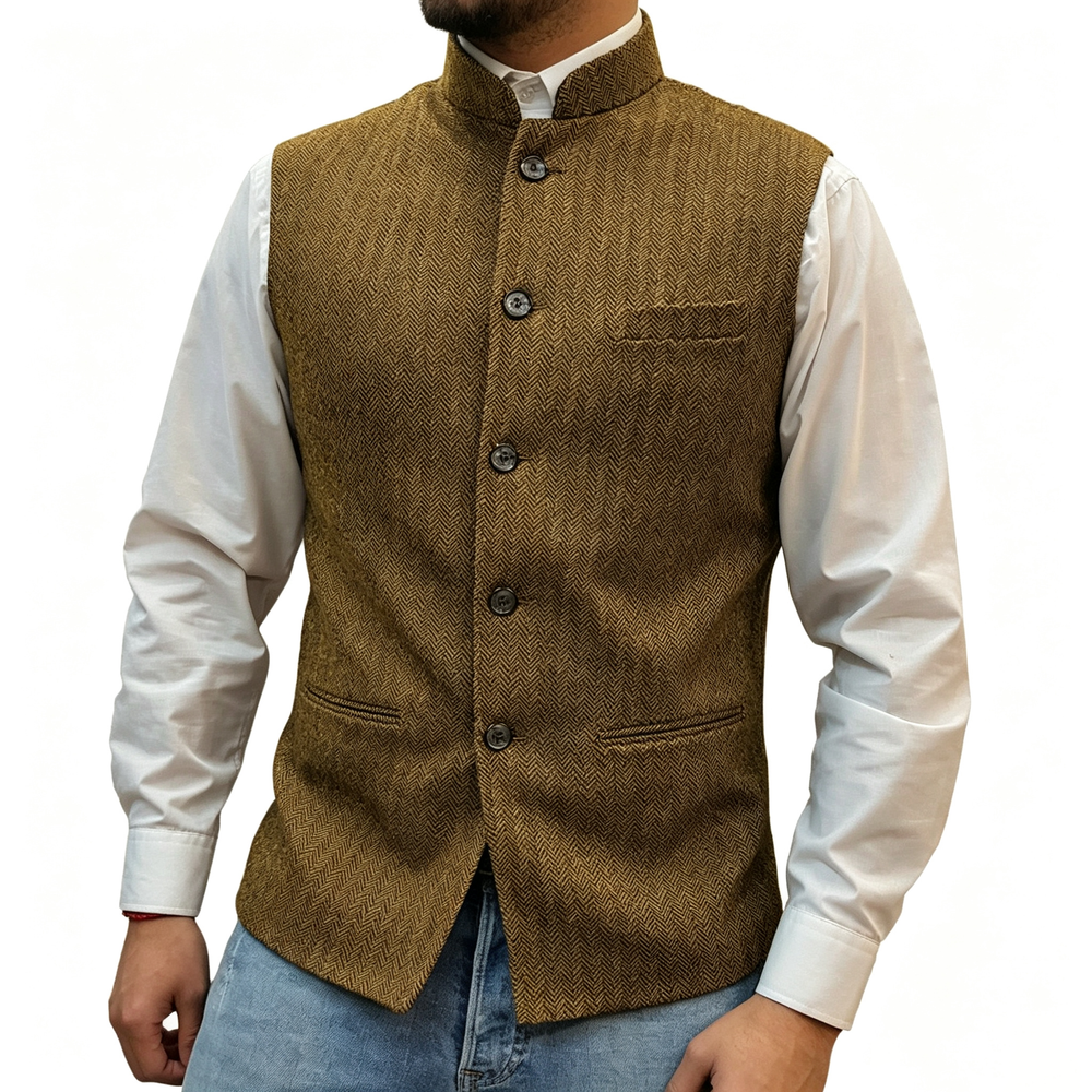 Men's Mandarin Collar Tweed-Style Vest