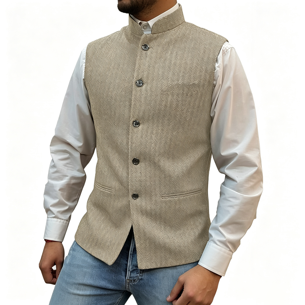 Men's Mandarin Collar Tweed-Style Vest