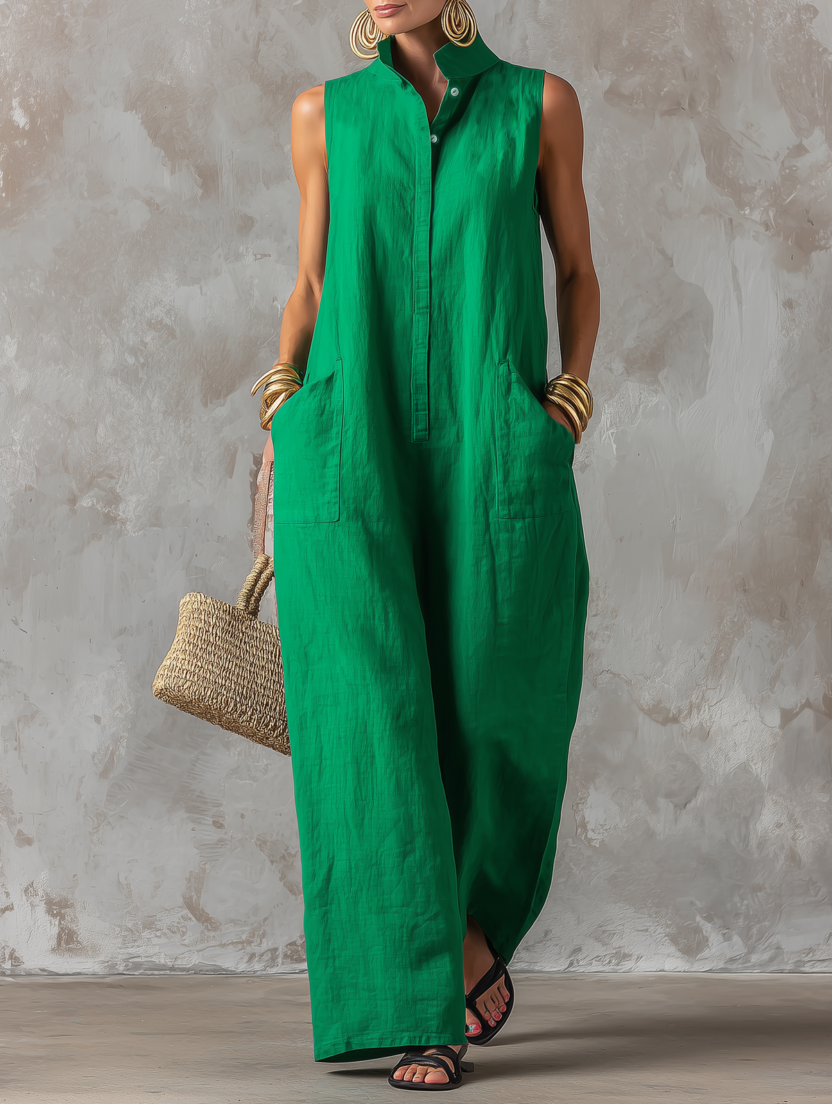 Stand-Collar Sleeveless Wide-Leg Jumpsuit