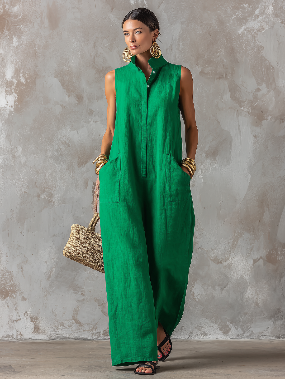 Stand-Collar Sleeveless Wide-Leg Jumpsuit