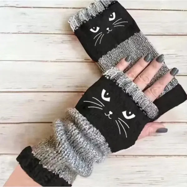 Embroidered Cat Fingerless Knit Gloves