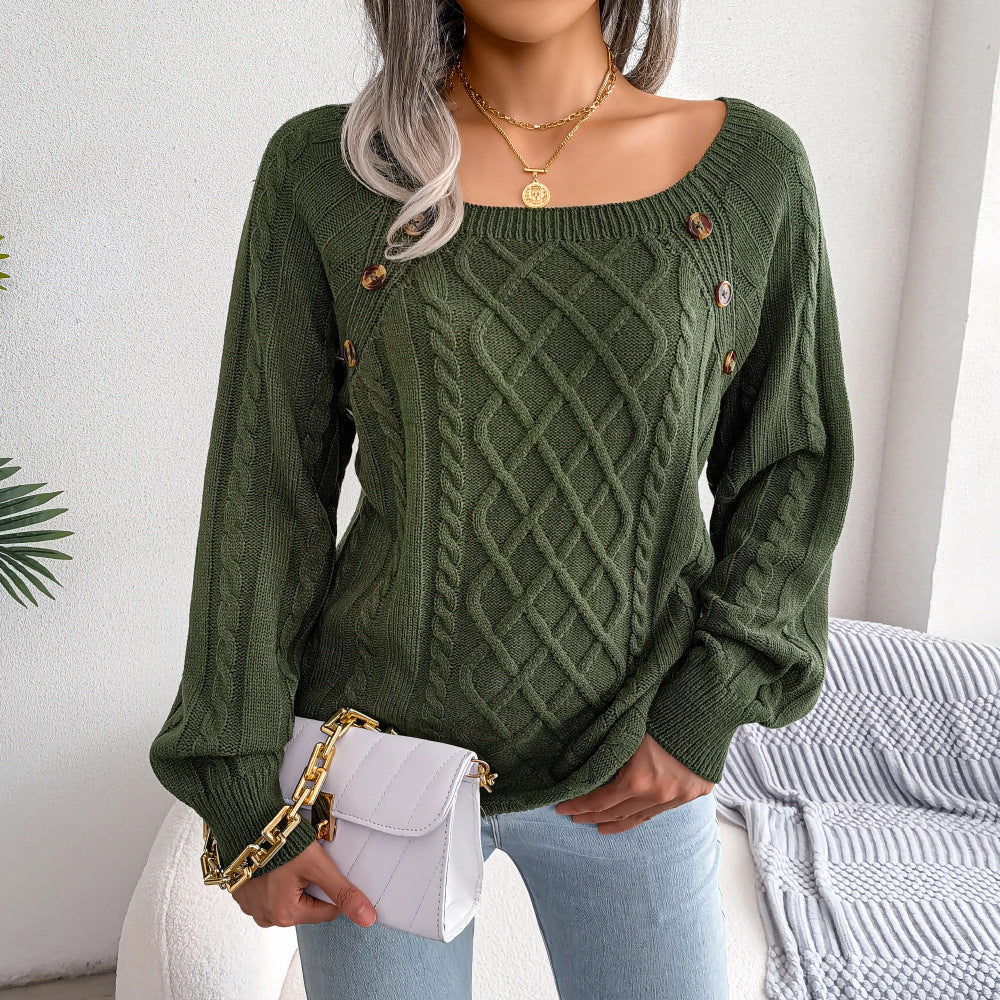 Square-Neck Cable Knit Sweater with Button Trim