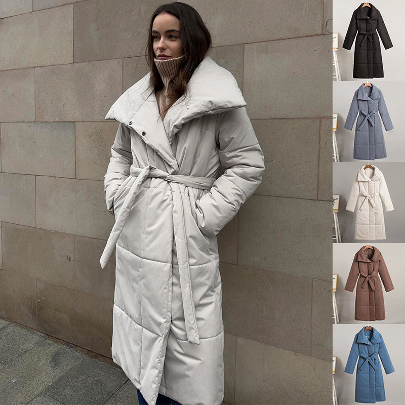 Oversized Shawl-Collar Belted Long Puffer Coat