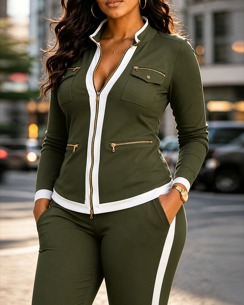Contrast-Trim Zip Jacket & Flare Pant Set