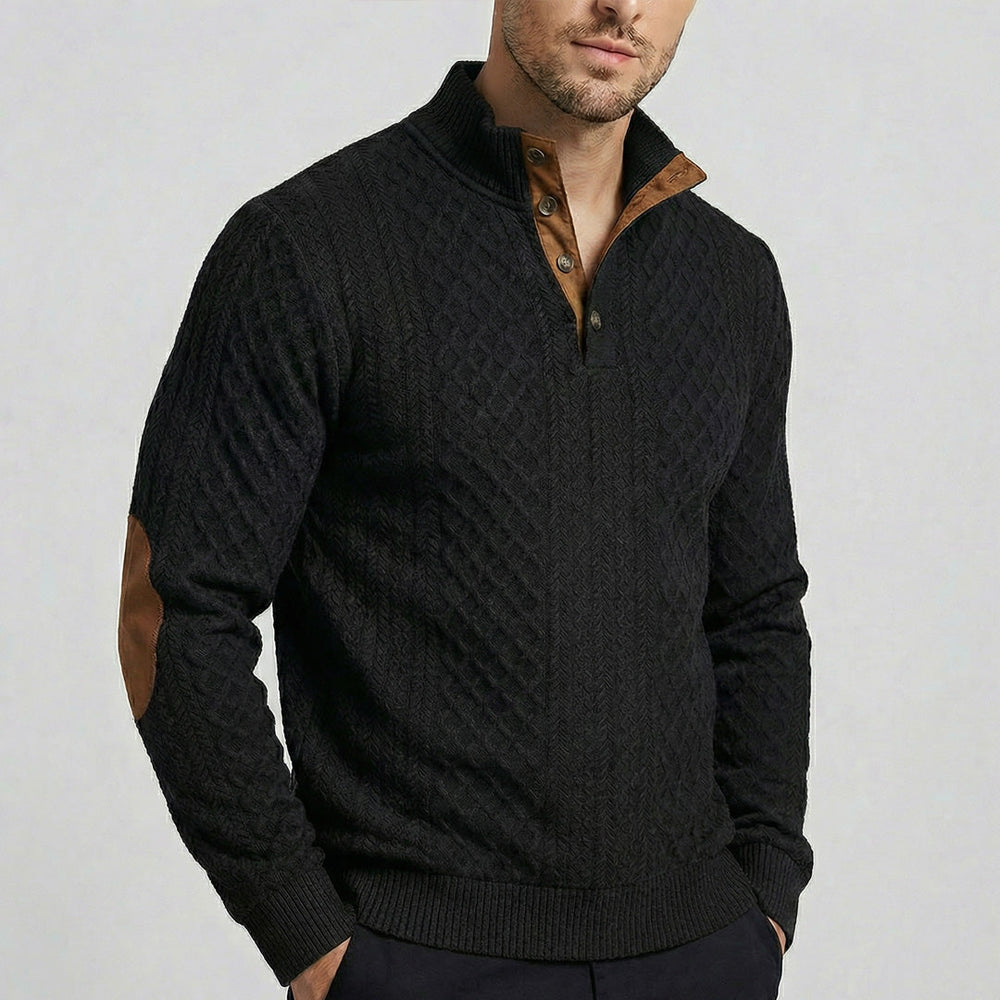 Men's Elbow-Patch Button Mock Neck Sweater