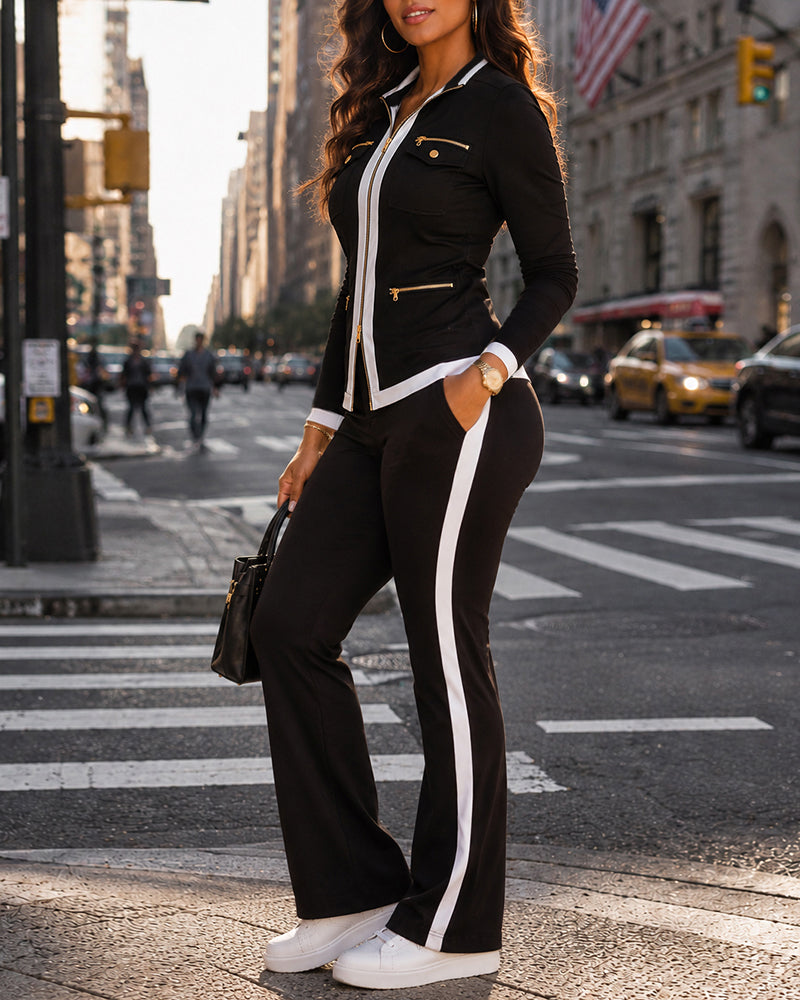 Contrast-Trim Zip Jacket & Flare Pant Set