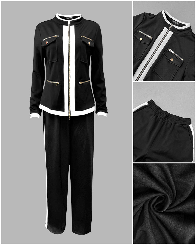 Contrast-Trim Zip Jacket & Flare Pant Set
