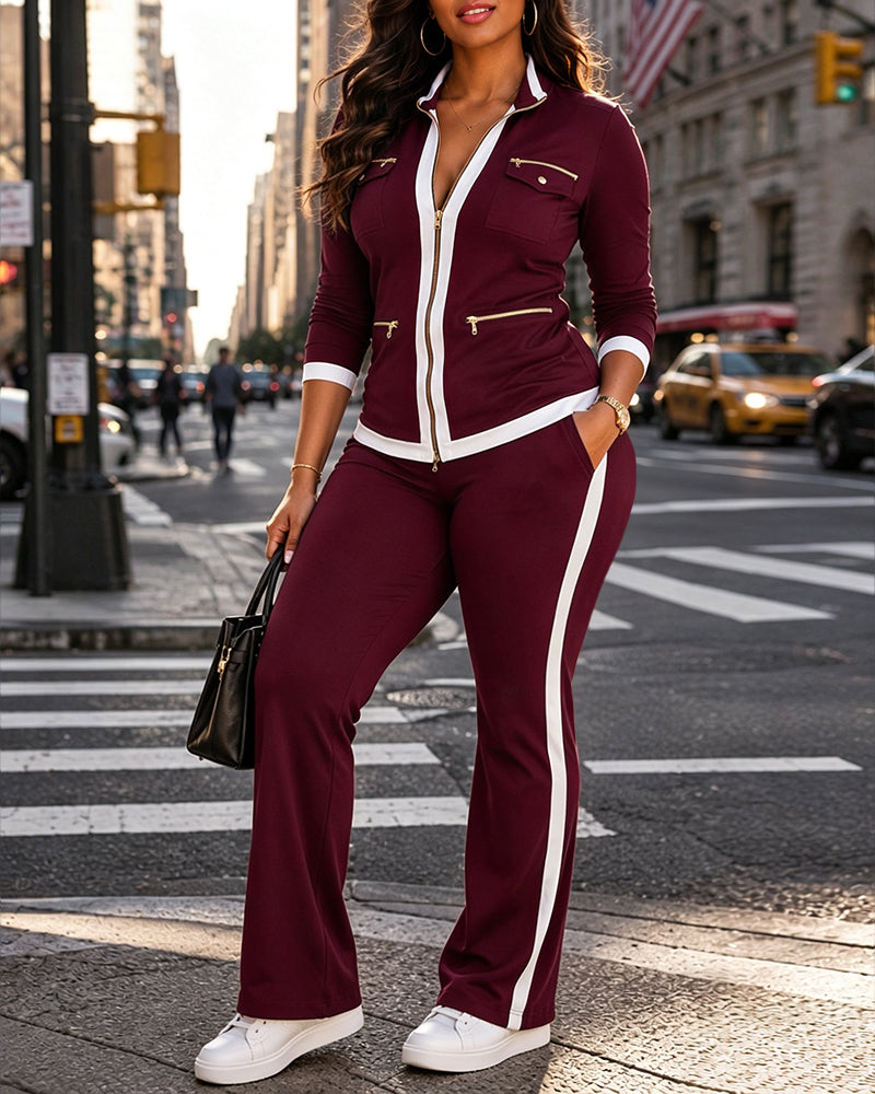 Contrast-Trim Zip Jacket & Flare Pant Set