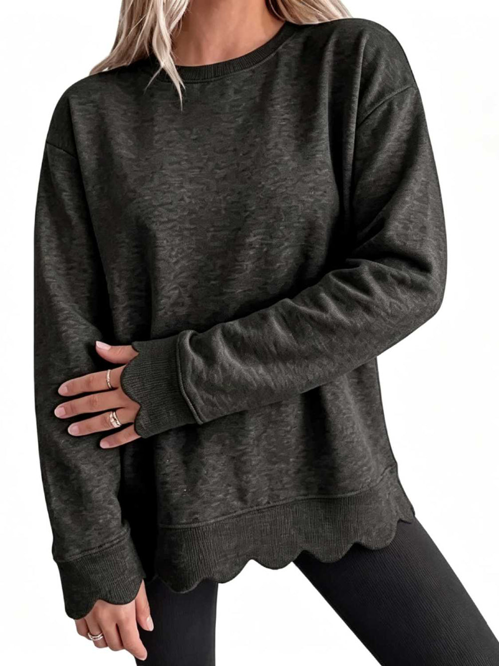 Scallop-Hem Oversized Crew Sweatshirt