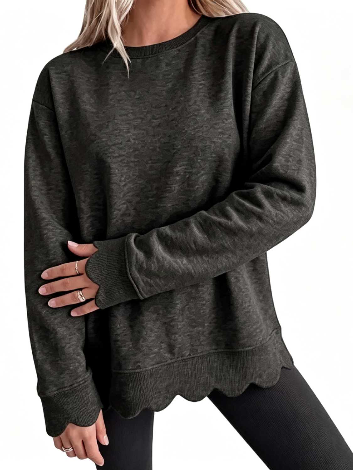 Scallop-Hem Oversized Crew Sweatshirt