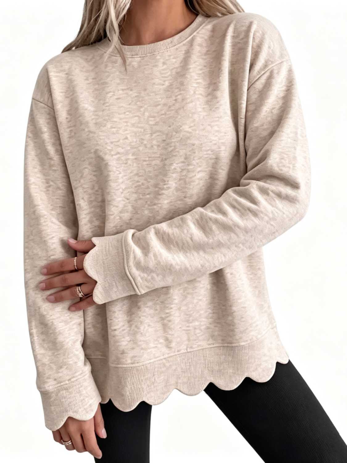 Scallop-Hem Oversized Crew Sweatshirt