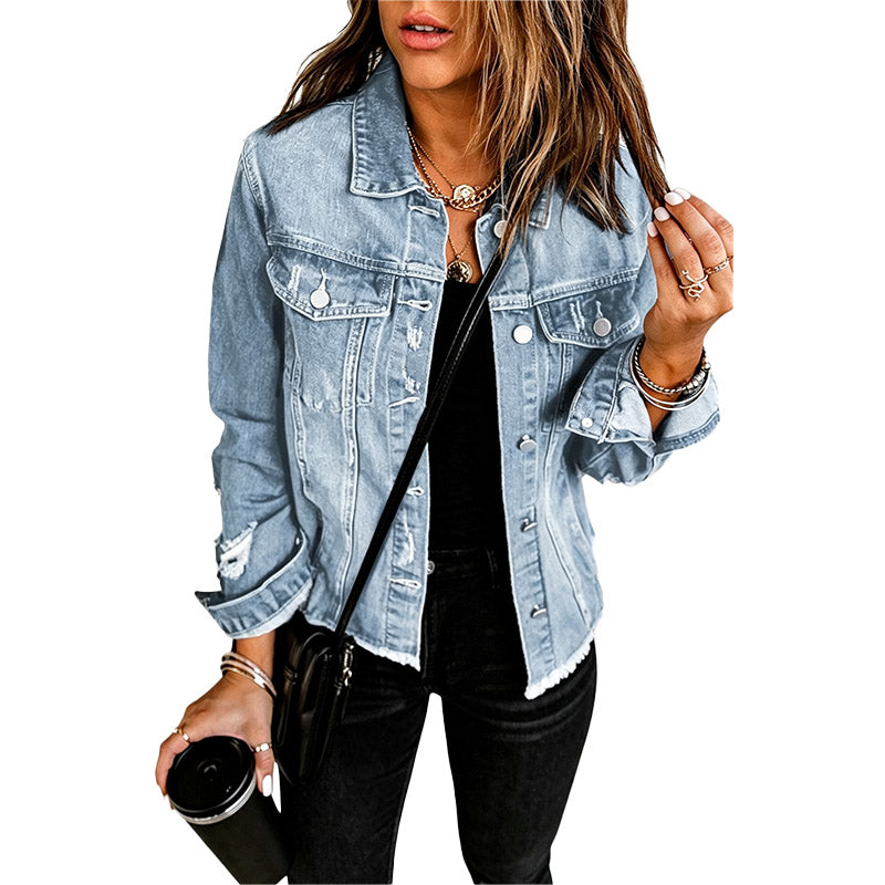 Frayed-Hem Distressed Denim Jacket