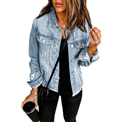 Frayed-Hem Distressed Denim Jacket