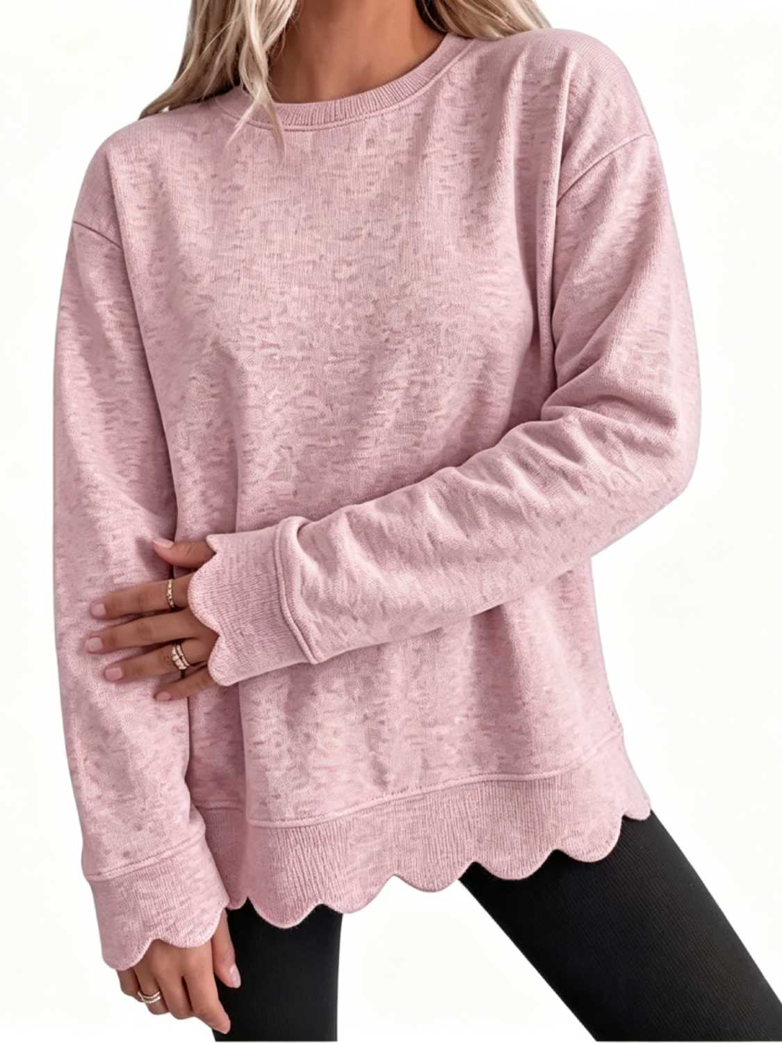 Scallop-Hem Oversized Crew Sweatshirt