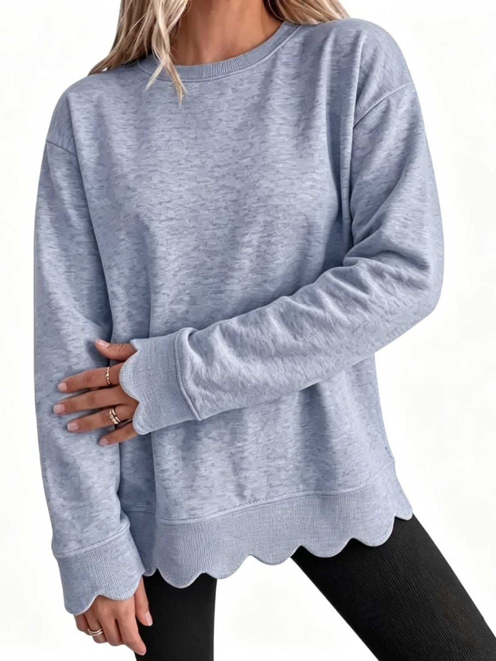 Scallop-Hem Oversized Crew Sweatshirt