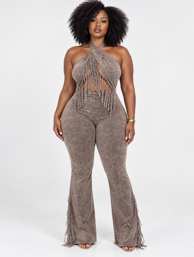 Fringe Halter Flare Jumpsuit