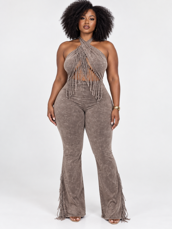 Fringe Halter Flare Jumpsuit