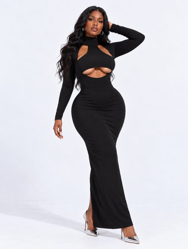 Cutout Mock Neck Long Sleeve Maxi Dress