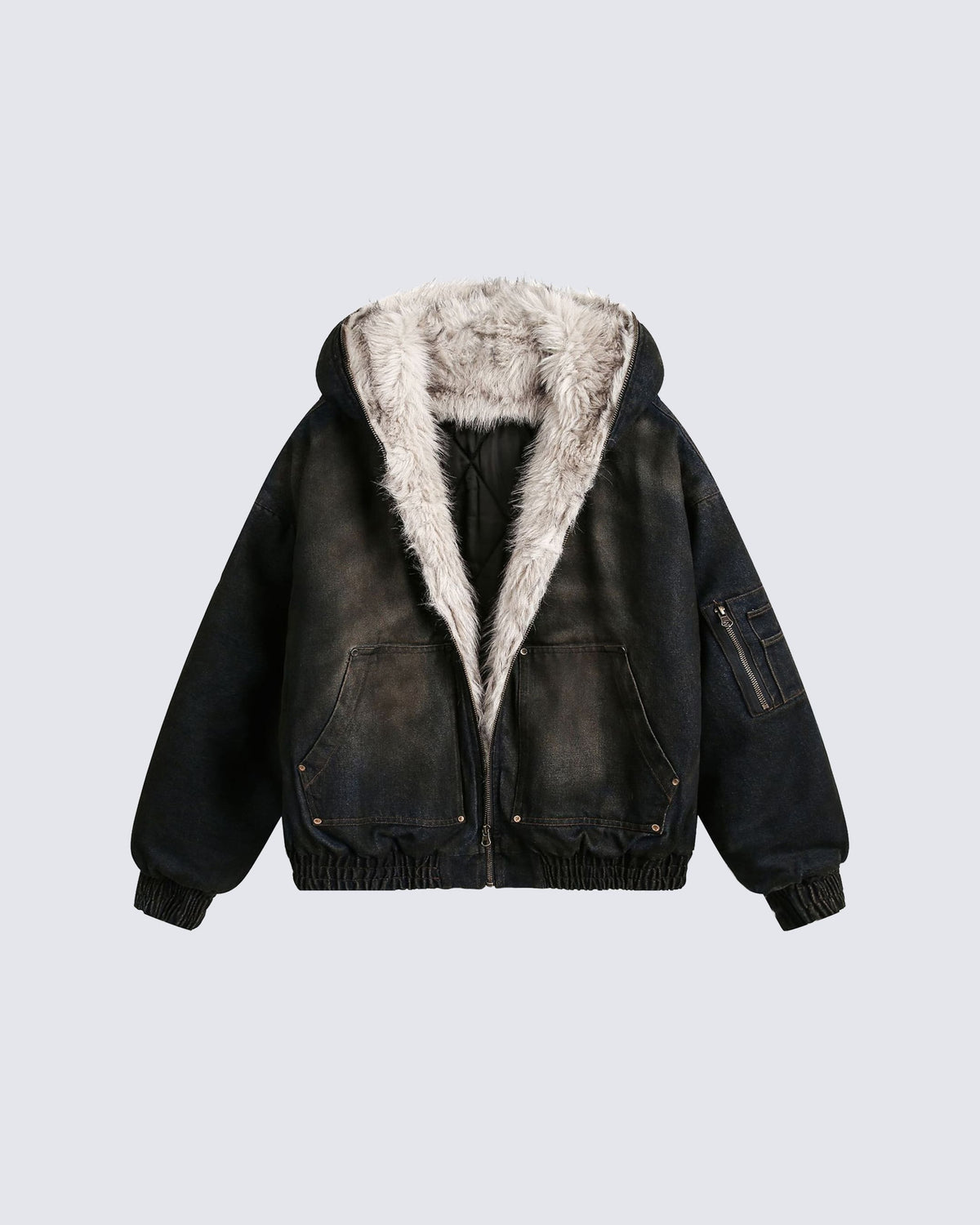 Washed Bomber Jacket with Faux Fur Hood
