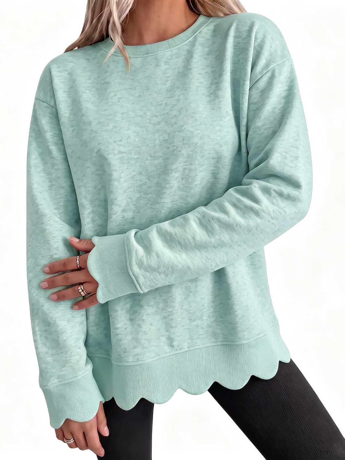 Scallop-Hem Oversized Crew Sweatshirt