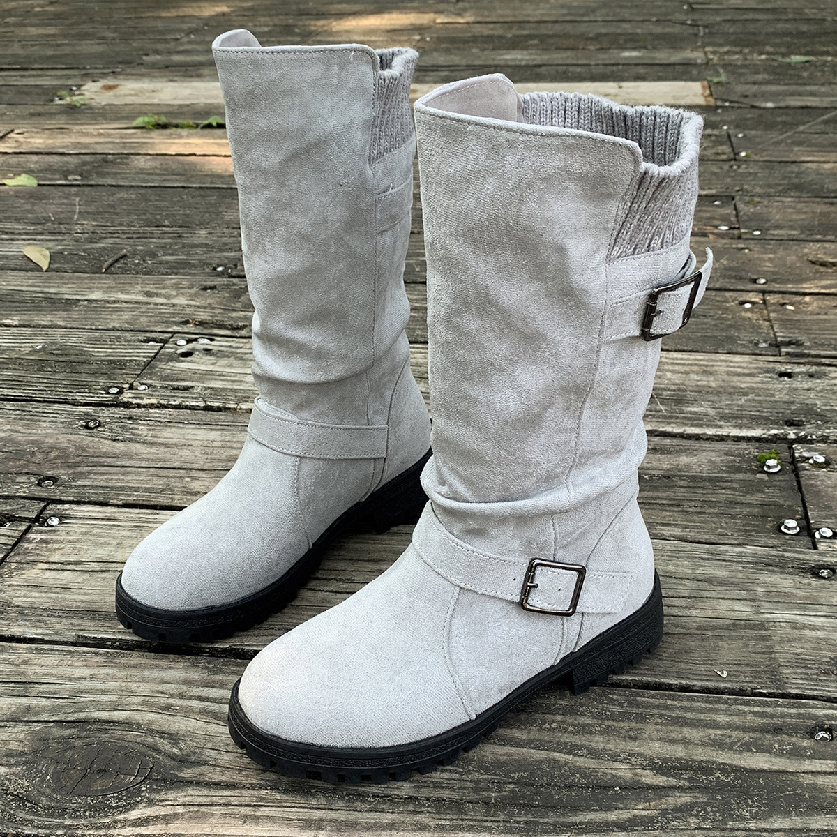 Slouchy Buckle Mid-Calf Boots with Knit Cuff