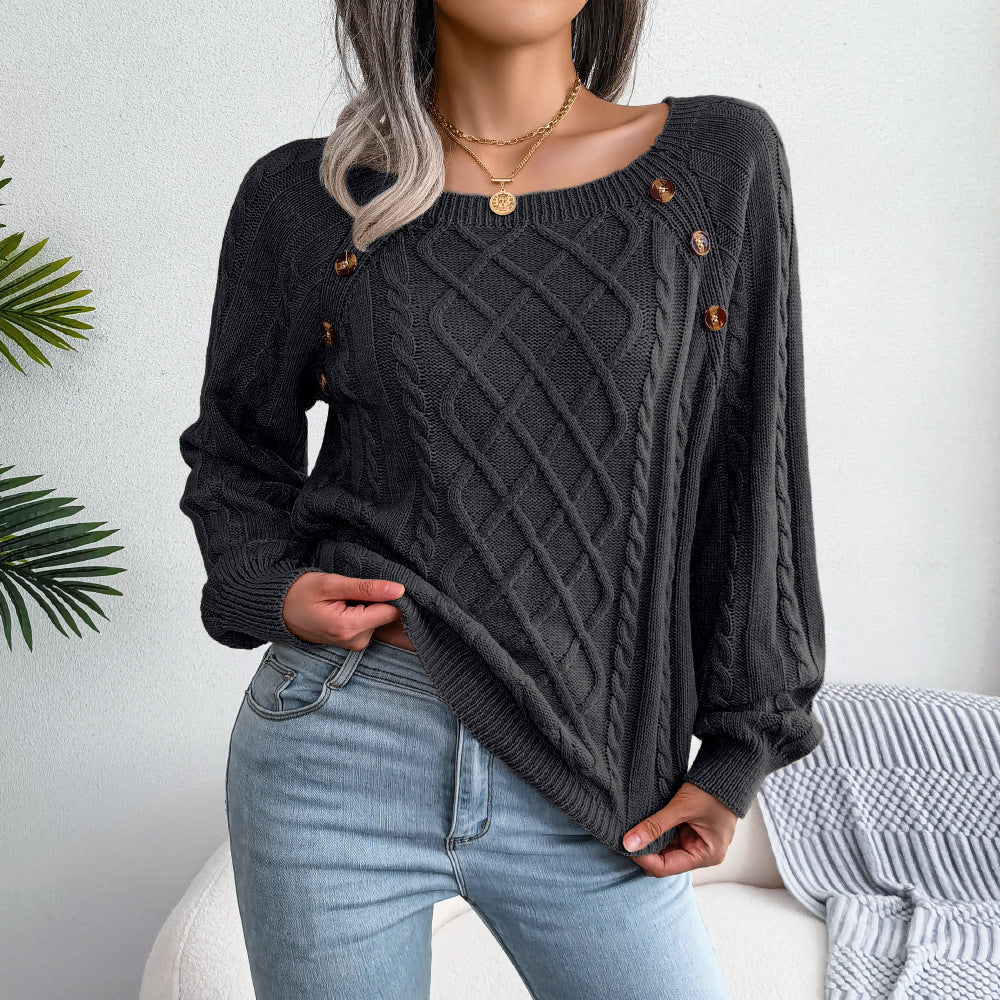 Square-Neck Cable Knit Sweater with Button Trim
