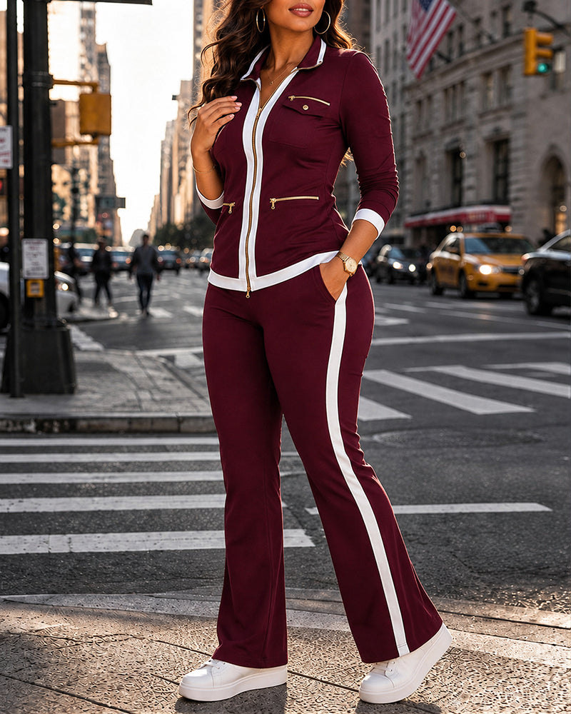 Contrast-Trim Zip Jacket & Flare Pant Set