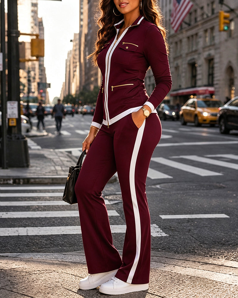 Contrast-Trim Zip Jacket & Flare Pant Set