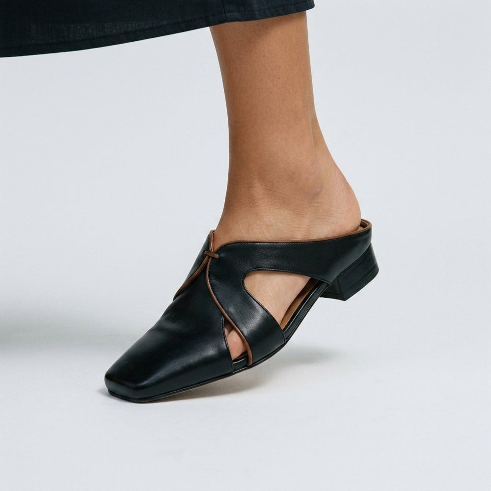 Crossover Cutout Square-Toe Block Heel Mules