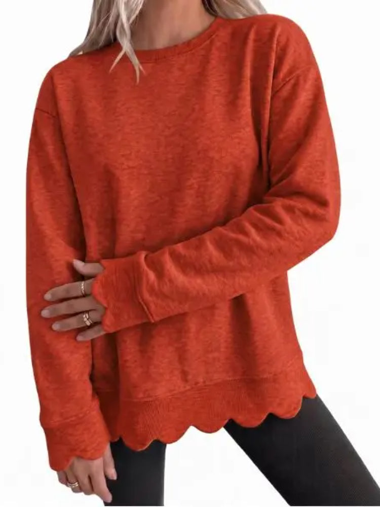 Scallop-Hem Oversized Crew Sweatshirt