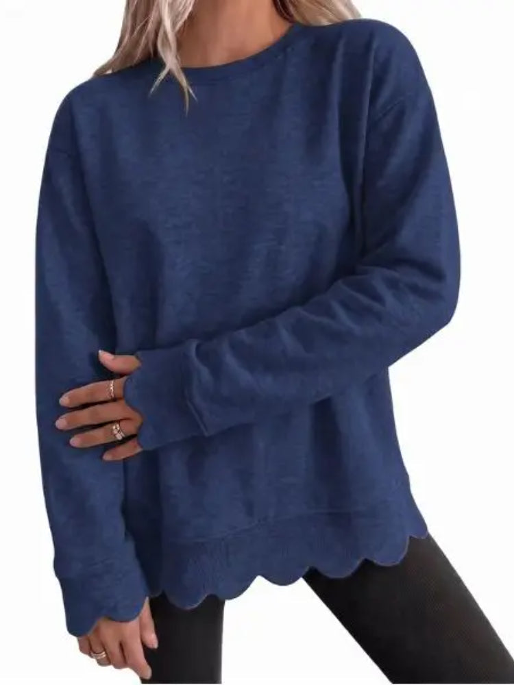 Scallop-Hem Oversized Crew Sweatshirt
