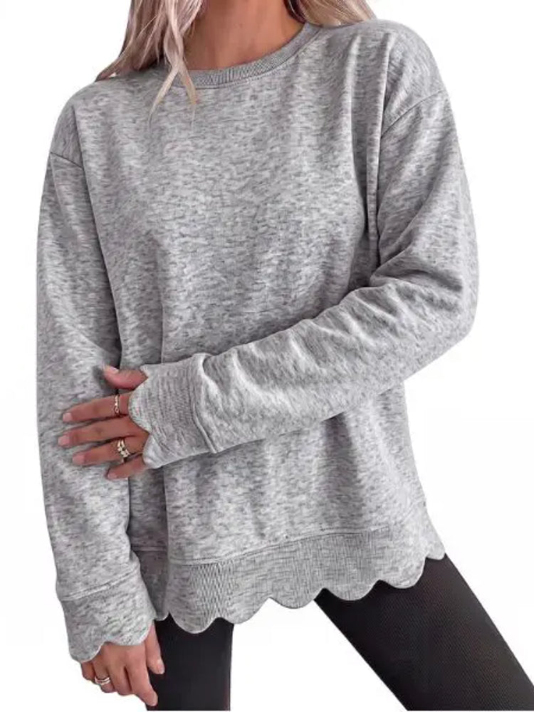 Scallop-Hem Oversized Crew Sweatshirt